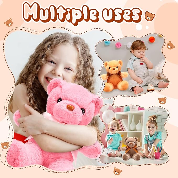 Aoriher 6 Pcs Bear Stuffed Animal Bulk Baby Shower Bear Plush Toys Soft Cute Sleeping and Playing Decorations for Kids Back to School Gift Baby Shower Birthday Party Favor(Beige, Brown, Pink)