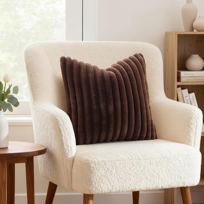 decorUhome Fall Faux Fur Throw Pillow Covers 22x22 Set of 2 Dark Brown | Decorative Soft Cozy Striped Plush Modern Farmhouse Boho Couch Pillow Cases Velvet Back for Sofa Bed Living Room Home Decor