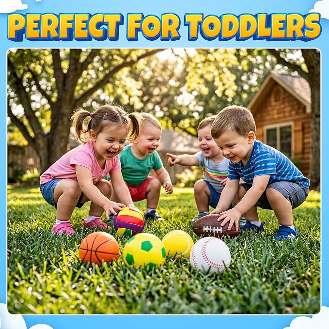 Sports Balls for Toddlers 1-3, 6 Piece Soft Sports Balls with Foam Soccer, Basketball, Football, Baseball, Tennis & Volleyball - Toddler Boys & Girls Ball Toy Gift