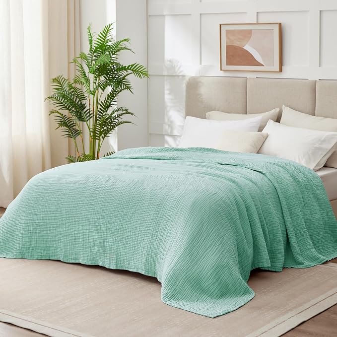 100% Cotton Muslin Blanket King 108" x 90", Breathable and Lightweight Cotton Throw Blanket for Bed, Soft Cooling Summer Gauze Blanket for Adults All Season, Mint