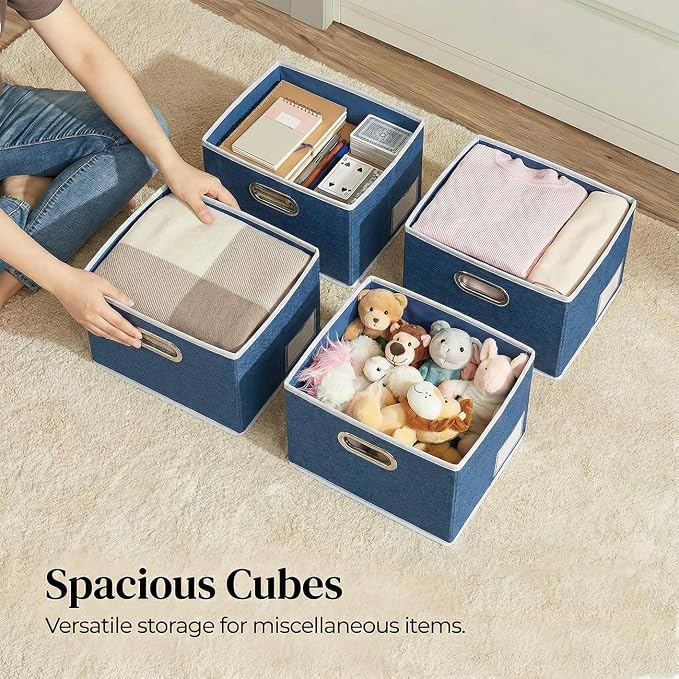 Storage Bins with Lids [3-Pack] Linen Fabric Foldable Storage Boxes Organizer Containers Baskets Cube with Cover for Bedroom Closet Office Royal Blue（11.4X8.6X6.7