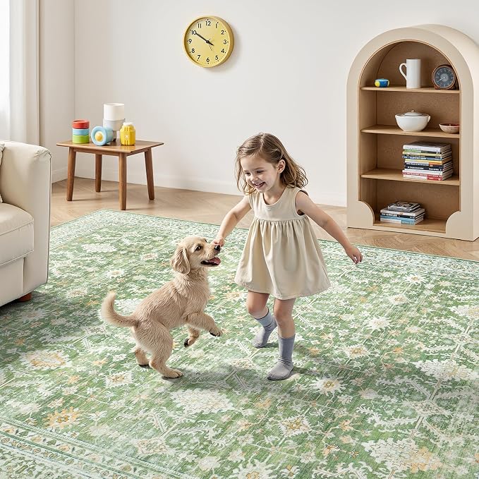 9x12 Area Rugs for Living Room, Washable Large Carpet, Light Green | Soft Rug for Bedroom, Dining Room, Home Office, Indoor, Nursery, Stain Resistant, Non-Slip, Low Pile,Vintage Distressed Rug