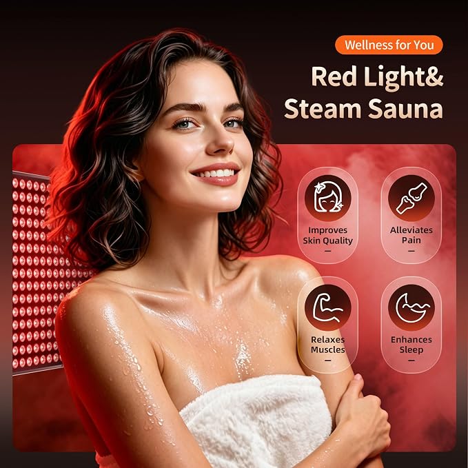 Infrared Sauna Box, Portable Steam Infrared Sauna with Red Light Therapy for Body, Sauna Tent with 660nm & 850nm Infrared Red Light Therapy Lamp, 3L/1200W Steamer, 9 Levels Heat, Timer, Folding Chair