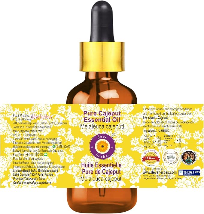 Deve Herbes Pure Cajeput Essential Oil (Melaleuca cajeputi) with Glass Dropper Steam Distilled 50ml (1.69 oz)