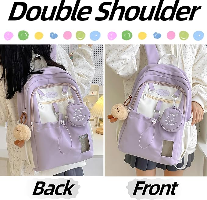 Kawaii Backpack Double Shoulder Bag with Cute Star Removable Pouch Small Clear Front Pocket Large Capacity Fits 16" Laptop Dopamine Colors Daypack (Purple)