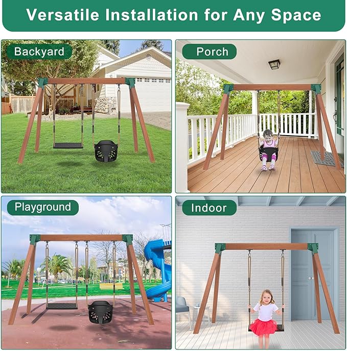 SELEWARE Heavy Duty Swing Set Brackets Kit with 2 Green A-Frame Swing Brackets, 4 Black Swing Hangers & 2 Black Swing Seats, Complete DIY Outdoor Playground Hardware for Backyard, Kids & Toddlers