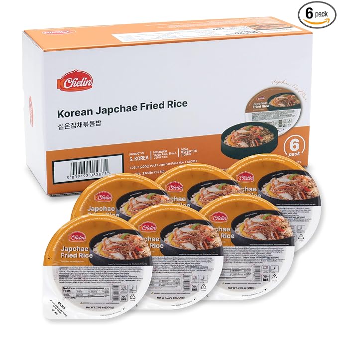 [KCHELIN] Microwaveable Korean Japchae Fried Rice (Pack of 6), Korean Food, Instant, Quick & Delicious, Shelf- Stable, On-the-Go Meals, 7.05 oz per Bowl