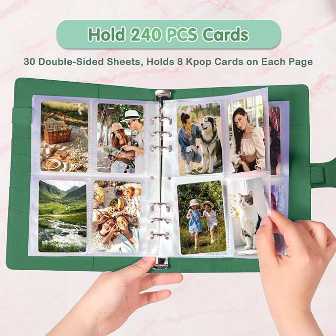 A5 Photocard Holder and Binder, PU Leather 6-Ring Album with Magnetic Closure, Includes 30 Pack 4-Pocket Pages for 240 Cards, Card Holder for Kpop, Trading, and ID Cards (Forest Green)