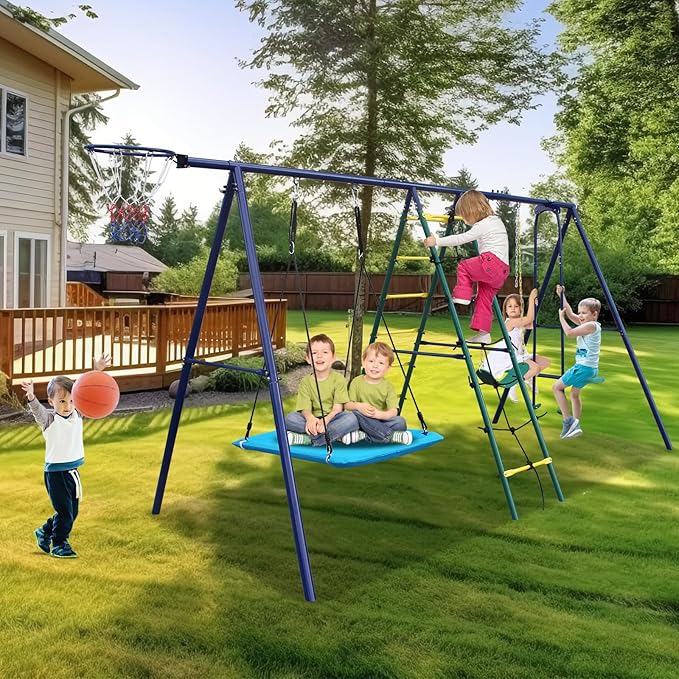 Swing Sets for Backyard, 6 in 1 Outdoor Swing Set, Heavy Duty Metal Swing Stand with Climbing Ladder, Climbing Net, Glider, Hammock Swing, Belt Swing, Basketball Hoop