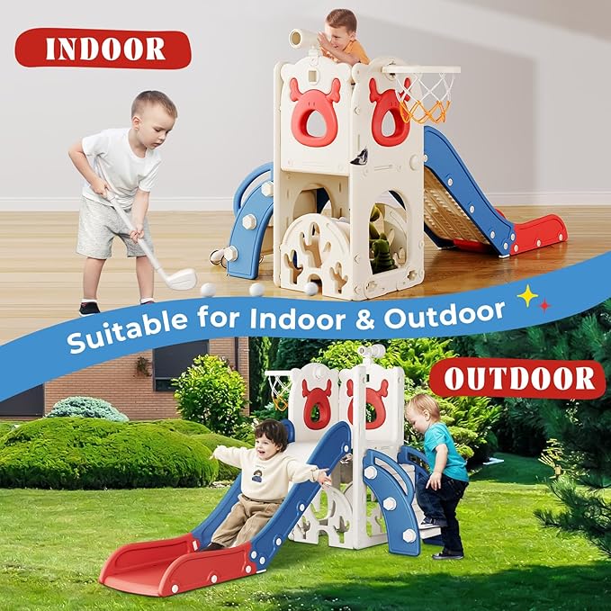 Toddler Slide, 7 in 1 Toddlers Playset Upgrade with Kids Slide Golf Set, Basketball Hoop and Storage Space for Toddler Age 1-3, Backyard Playground Indoor and Outdoor