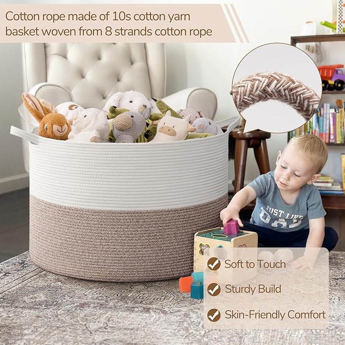 INDRESSME 115L Extra Large Woven Rope Blanket Basket Living Room, Brown | 23.6" x 15.7" Storage baskets for toys laundry & pillows. Fits living room, bedroom or nursery décor. Soft-touch with handles