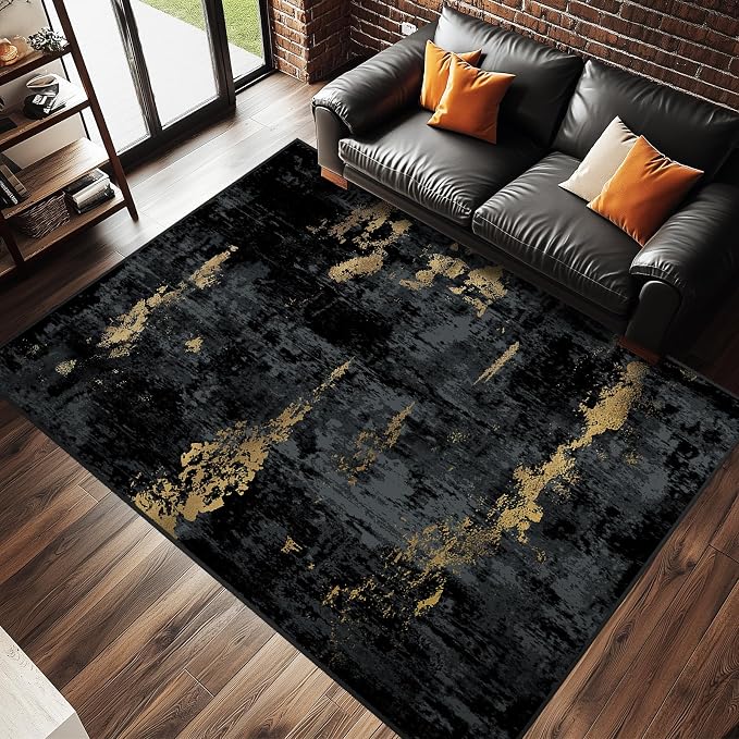 RELEANY Washable 7'x9' Abstract Area Rug for Living Room Black Gold | carpet for bedroom, kitchen, office, hallway and entryway, printed pattern, non-slip, soft, stain-resistant, easy to clean