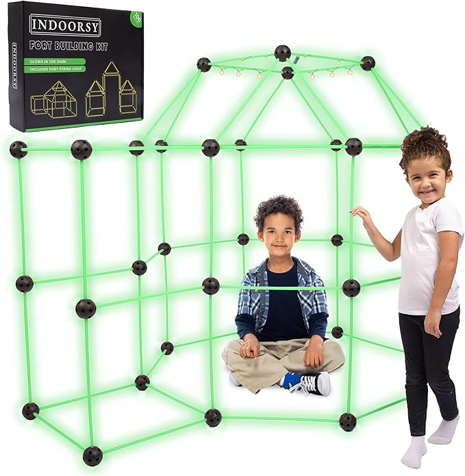 INDOORSY 100pc Glow in The Dark Kids Fort Building Kit for Kids 4-8 and 8-12 | Tiny Home Kit for Indoor Fun | Toys for Kid Magic Fort Building Kit with Box, Storage Bag, Lights | Play Fort for All