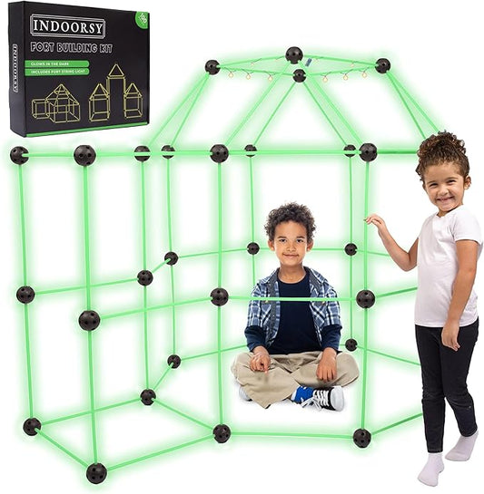 INDOORSY 100pc Glow in The Dark Kids Fort Building Kit for Kids 4-8 and 8-12 | Tiny Home Kit for Indoor Fun | Toys for Kid Magic Fort Building Kit with Box, Storage Bag, Lights | Play Fort for All