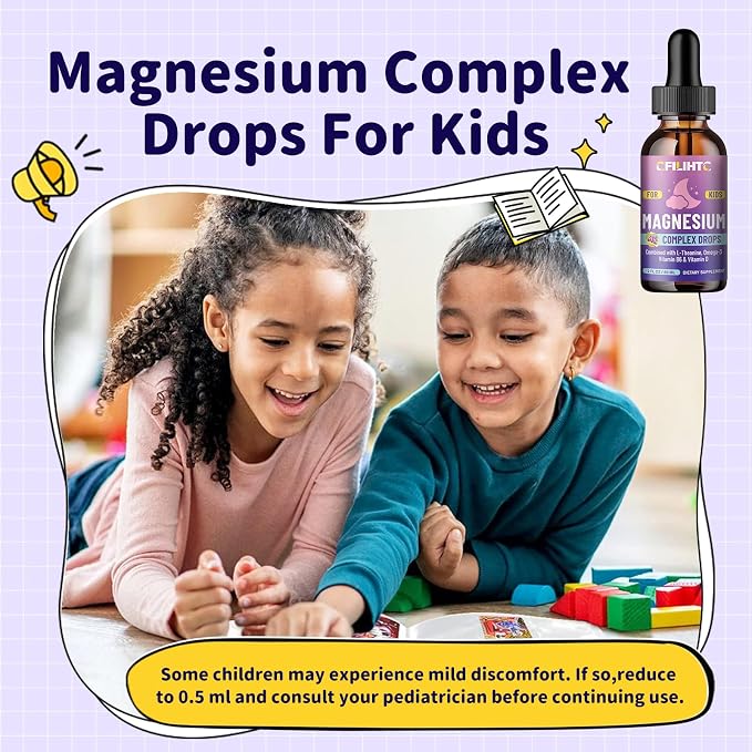 Kids Magnesium Liquid Drops-Magnesium Glycinate Liquid for Kids Supplement-w/L-theanine, Omega-3, Vitamin B6, D3 - for Sleep, Relaxation, Brain, Bones - Grape Flavor, 4 Fl Oz
