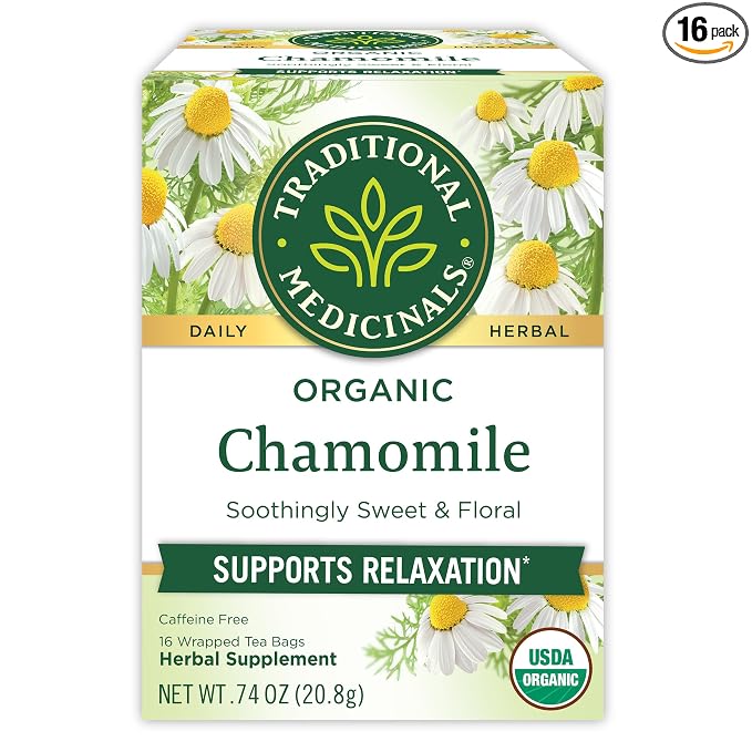 Traditional Medicinals Organic, Chamomile Tea - Supports Stress Relief and Relaxation - Kosher, Non-GMO, Caffeine-Free, Compostable - 16 Tea Bags