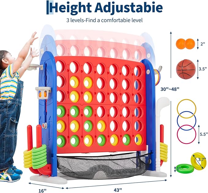 Giant 4 in a Row Game,Adjustable Height Board Jumbo 4-in-a-Row Game with Quick-Release Slider,Mini Basketball,Golf & Ring Toss Set for Family Party, Outdoor & Indoor