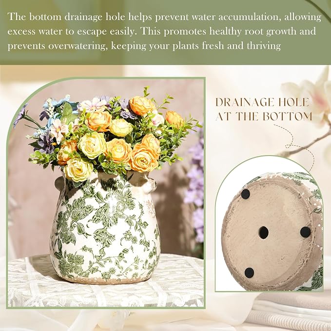 Ceramic Green Scroll Planter 6.5 Inch Chinoiserie Floral Vase with Drainage Holes Vintage Flower Vase Flower Pot Rustic Ceramic Pots for Indoor Plants Flowers Garden Home Bookshelf Decor