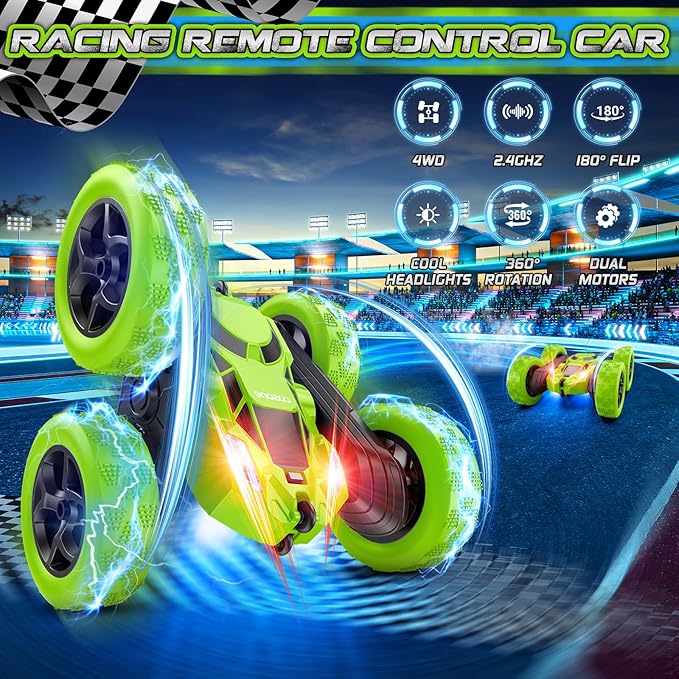 cosone Remote Control Car - RC Car Toys for Boys - 4WD 2.4Ghz Double Sided 360° Rotating RC Cars, Birthday Gifts for Kids Age 6 7 8-12 for Boys and Girls- Green