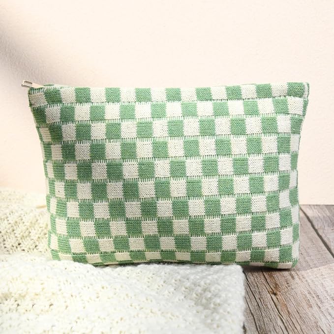 SOIDRAM 2 Pcs Checkered Makeup Bag Large Cosmetic Bag Toiletry Bag Makeup Pouch Travel Bag Organizer Cute Makeup Brushes Aesthetic Accessories Storage Bag for Women Green