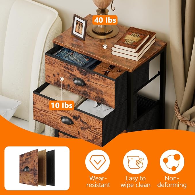 Dresser for Bedroom, 7 Drawers Tall Chest of Drawers | Rustic Brown Storage Organizer, Fabric Bins, Metal Frame, Wood Desktop, Dorm Vertical Closet,Bedside Furniture in Living Room