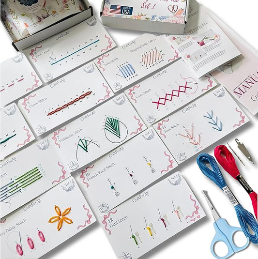 Perforated Embroidery Stitch Cards Starter DIY Kit, Beginner Colored Patterns, Premium Cardstock Cards, Complete Toolkit, Tools, Illustrated Step by Step Instructions Handmade Kit Gift for Her (Pink)