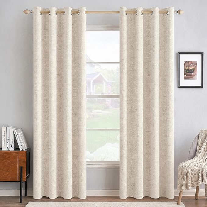 MIULEE 100% Blackout Linen Textured Curtains for Bedroom Solid Thermal Insulated Cream Beige Grommet Room Darkening Curtains & Drapes Luxury Decor for Living Room 52 x 72 Inch (2 Panels)