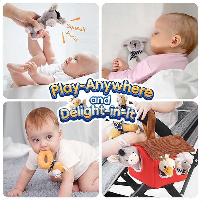 iPlay, iLearn Baby Toys 3 6 12 Month Newborn Gifts, Infant Soft Farm Stuffed Animal Rattles Plush Barn, Boy Girl Stuff, Valentine's Basket Stuffer, Sensory Hand Development Toy 0 2 4 7 9M 1 Yr - Farm