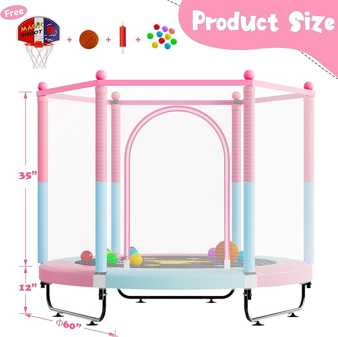 VGMiu 60" Trampoline for Kids, 5 FT Indoor & Outdoor Toddler Baby Trampoline with Basketball Hoop, Safety Enclosure, Birthday Gifts for Kids, Gifts for Boy and Girl, Age 3-8