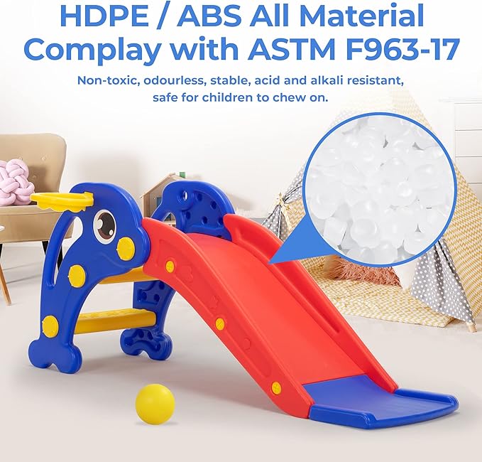 NYEEKOY 3 in 1 Toddler Slide, Baby Slide Plastic Climber Playset with Basketball Hoop and Ball, Indoor and Outdoor Playground for Kids Red