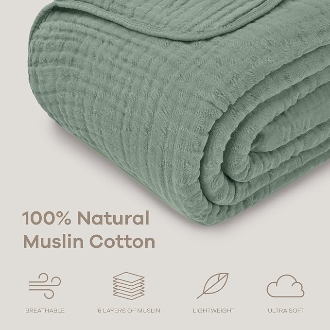 Comfy Cubs Adult Muslin Blanket 50x60” Throw Swaddle Blankets, Fern | 6 Layer Soft, Breathable & Lightweight Muslin Adult Blanket - Machine Washable & Designed in the US Bedding for All Seasons