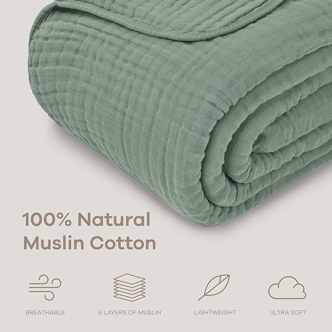 Comfy Cubs Adult Muslin Blanket 90x90” Queen Swaddle Blankets, Fern | 6 Layer Soft, Breathable & Lightweight Muslin Adult Blanket - Machine Washable & Designed in the US Bedding for All Seasons