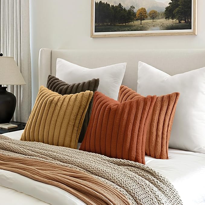 MIULEE Fall Rust Orange Faux Fur Plush Decorative Throw Pillow Covers18x18 | Set of 4, Striped, Soft Boho Farmhouse Vintage, Rustic Cozy Home Decor, Cushion Cases for Sofa Couch Bed Living Room