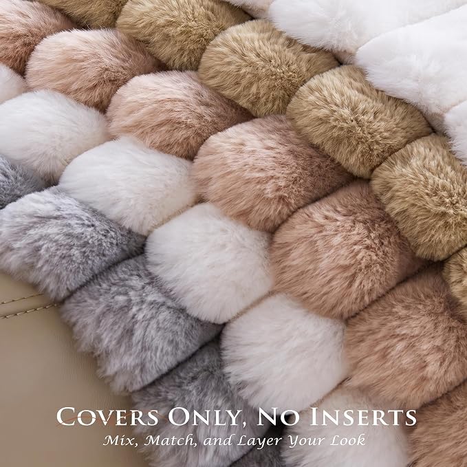 Pack of 2 Throw Pillow Covers 20x20 Decorative Solid Plush Faux Fur with Soft Velvet Back, Square Striped Cushion Cases Modern Farmhouse Home Decor for Living Room Couch Sofa Bed Cream White
