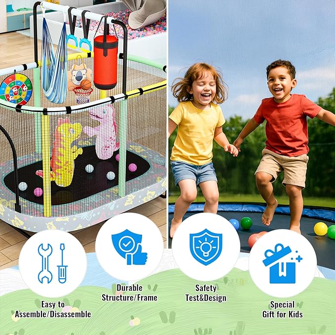 LAMERGE 55" 7-in-1 Round Trampoline for Kids Boys & Girls Ages 1-8, Indoor & Outdoor Trampoline for Fun, Adjustable Height Handrail ＆ Enclosed Safety Net ＆ Durable Designs for Toddlers Children