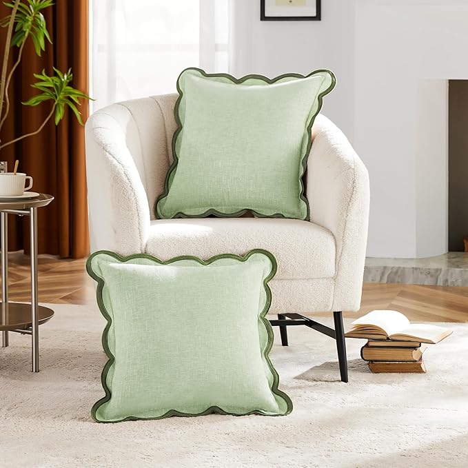 Ohocut Light Green Scalloped Pillow Cover Pack of 2 Spring Chenille Decorative Cute Boho Couch Throw Pillow Covers 20" x 20" Aesthetic Funky Preppy Pillow Cases for Sofa Living Room