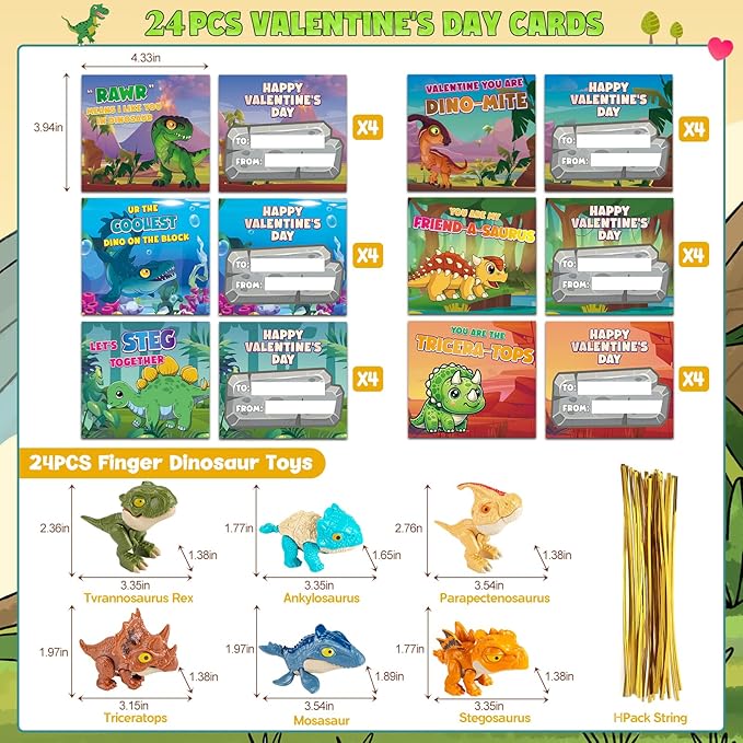 24 Pack Valentines Day Cards for Kids with Dinosaur Toys, Valentines Cards for Kids School Classroom Bulk Valentines Gifts Exchange, Valentines Day Dinosaur Toys for Kids Girls