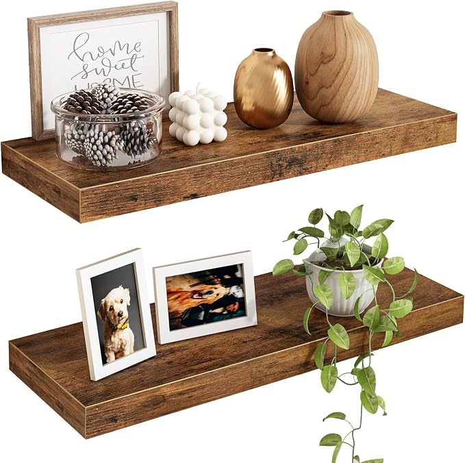 Fixwal Floating Shelves for Wall, 15.7" Wood Wall Mounted Shelves for Living Room, Bedroom, Bathroom and Kitchen, for Storage, Books, Room Decor (Rustic Brown, Set of 2)
