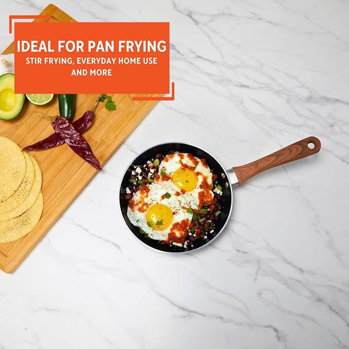 IMUSA 8 Inch Talavera Aluminum Black Ceramic Fry Pan with Woodlook Handle | Ceramic Nonstick, Glass Lid with Helper Handle, Deep Sauté Pan, Ideal for Family Cooking