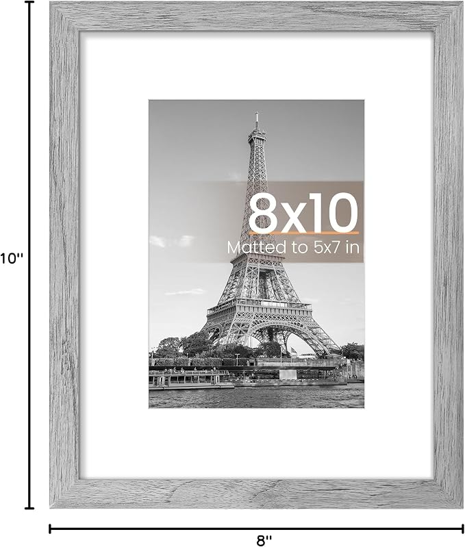 upsimples 8x10 Picture Frame, Display Pictures 5x7 with Mat or 8 x 10 Without, Wall Hanging Photo Frames, Gray, 1 Pack