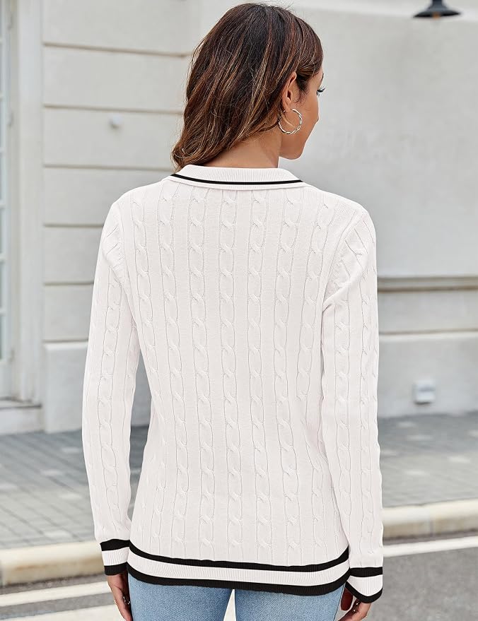 Micoson Womens Fall Long Sleeve Sweaters Lapel V Neck Cable Knitted Pullover Casual Soft Jumper Top