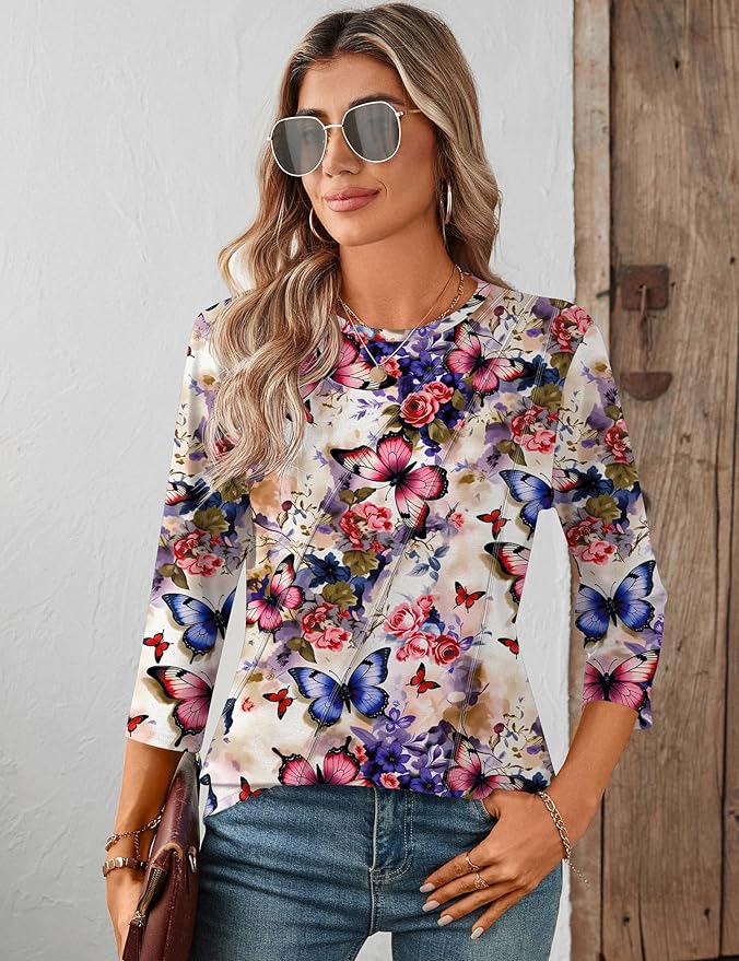 LOMON 3/4 Length Sleeve Womens Tops Spring Summer Fashion 2026 Tops Crew Neck Pleated Shirts Tunic Top Loose Fit