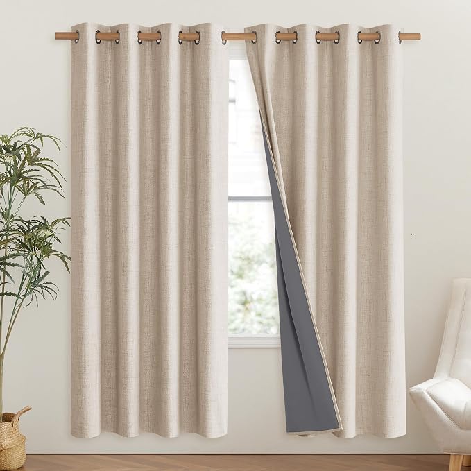 NICETOWN Cream Bedroom Full Blackout Linen Curtain Panels Set of 2, 52" by 72", Thick Insulated Classic Grommet Blackout Draperies with White Thermal Insulated Liner for Windows