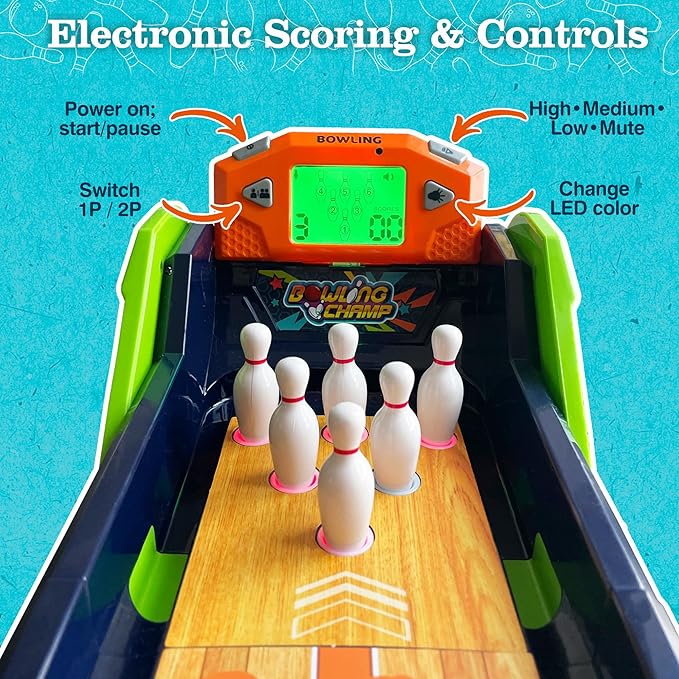 Bowling Game — Electronic Tabletop Arcade Game with LCD Auto Scoring, Lights & Sound, Spring-Loaded Launcher & 1-2 Player Modes — Mini Bowling Set for Kids