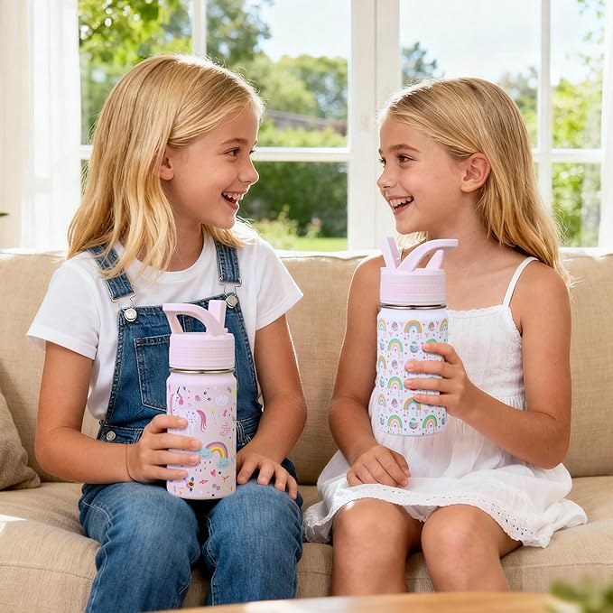 2 Pack Kids Water Bottle,14oz Stainless Steel Insulated Water Tumbler Leak-Proof,School Water Mug,Small and Portable,Suitable for Boys and Girls to Use(White rainbow + Pink unicorn)