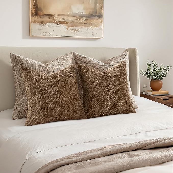 MIULEE Chenille Textured Fall Throw Pillow Covers Toffee 18x18 Set of 2 | Slubby Decorative Pillows, Boho Farmhouse Rustic Home Decor, Modern Neutral Cushion Covers for Couch Sofa Bed Living Room