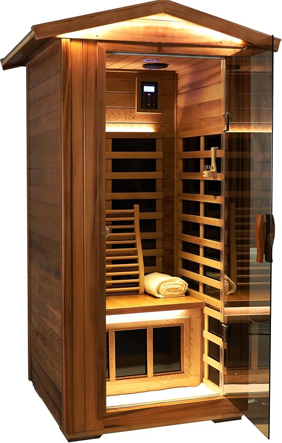 LTCCDSS Ultra-Low EMF Red Cedar Sauna 1-Person, Outdoor Far Infrared Sauna for Home, EMF 0.1-1mG, 6 Carbon Crystal Heaters, Bluetooth & Chromotherapy (45.7 * 39.4 * 79.5 in)