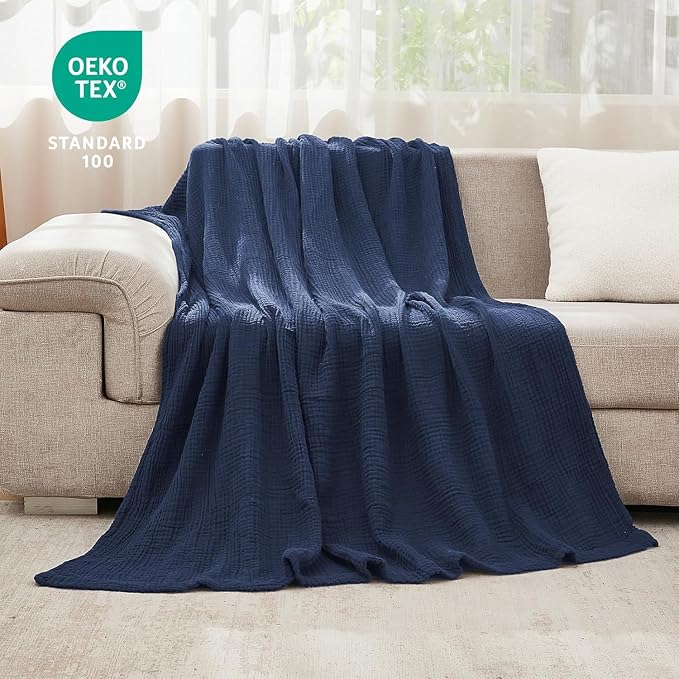 EMME Muslin Blankets for Adults Throw Blanket for Couch Breathable Gauze Soft Lightweight Airy Navy Queen 90" x 90"