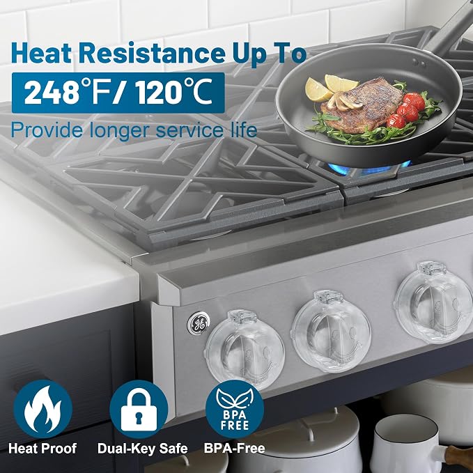 Childproof Stove Knob Safety Covers, Oven Knob Covers for Child Safety 5 Pack, Clear Stove Knob Covers & Gas Stove Locks, Heat-Resistant Adhesive,Double-Key Baby Proof Covers for Gas/Electric Burners