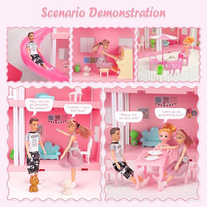 Dreamy Dollhouse Playset for Girls,Princess Doll House with 4-Story 10 areas 2 Dolls, Lights, Pets,Furniture & Accessories, Pretend-Play Toddler Playhouse Gift for 3 4 5 6 7 8 9+ Year Old Girls Toys